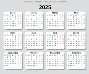 Spanish 2025 year annual business monthly calendar. Vector illustration for Spain