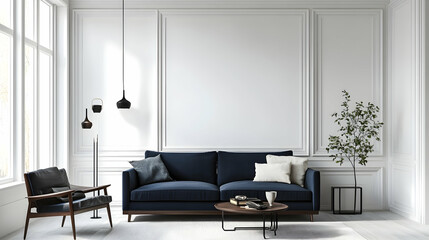 Sophisticated Minimalist Urban Living Room Featuring Deep Navy Blue Sofa, Sleek White Walls, and Chic Modern Geometric Decor Accents for a Polished, Luxe Aesthetic