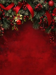 Festive Garland with Ribbons on Deep Red Background