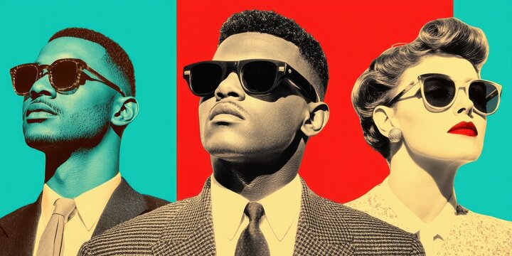A retro-styled image featuring three stylish individuals wearing sunglasses, set against vibrant turquoise and red backgrounds, exuding cool elegance.