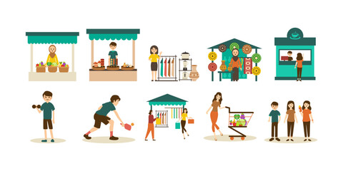 Everyday illustrations, tents selling clothes, food, vegetables, fruit, crafts, etc, Transparent Background