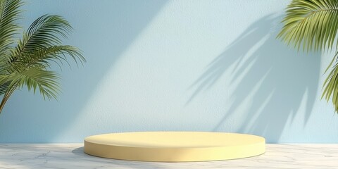Fototapeta premium A tropical setting featuring a yellow circular platform against a light blue wall and palm leaves, creating a vibrant and serene ambiance.