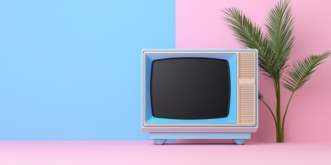 A vintage television sits against a pastel blue and pink backdrop, accompanied by a green leaf,...