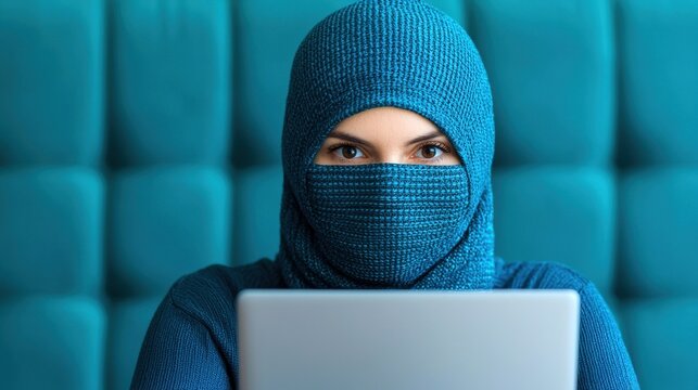 Analyze the techniques of overpayment scams targeting freelancers and small businesses, A woman in a blue hijab focused on her laptop.