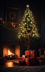 interior of rustic cabin with fireplace, Christmas tree and gifts