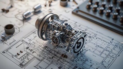 A machine part is shown on a drawing of a machine. The drawing is of a machine that is being designed