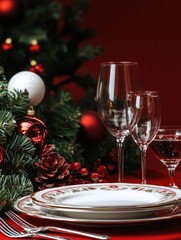 Elegant Christmas Table Setup with Rich Red Background