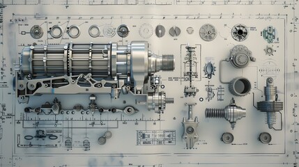 A drawing of a machine with many parts and a ruler. The drawing is of a machine that is not working