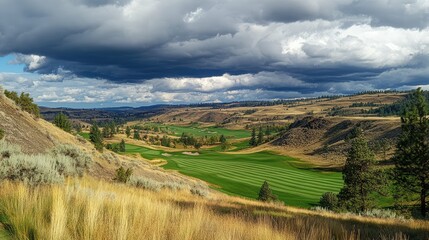 Naklejka premium Scenic Golf Course Landscape Under Dramatic Sky