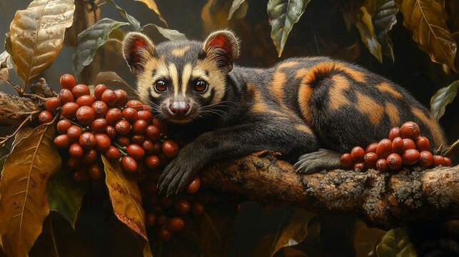 Common palm civet relaxing on branch near coffee beans