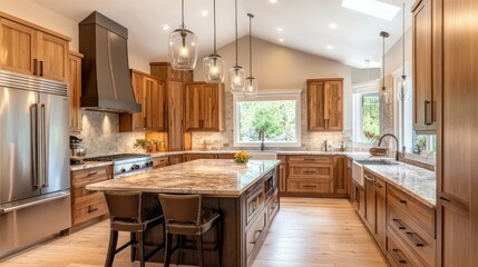 Modern Kitchen with Warm Wood Cabinets and Island