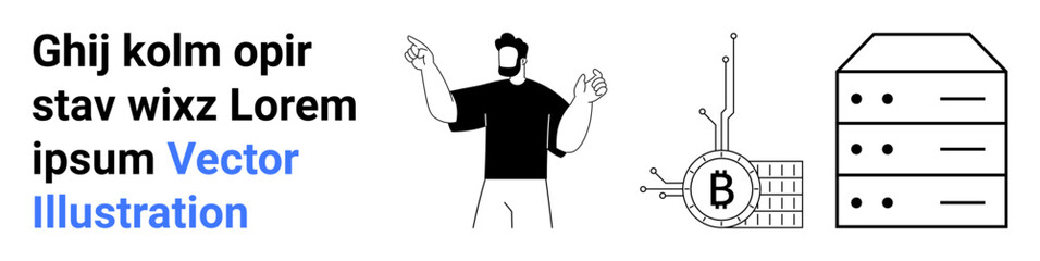 Man gesturing, cryptocurrency symbol linked to blockchain, data server rack. Ideal for fintech, blockchain, cryptocurrency, technology, online security, data management, digital currencies. Landing