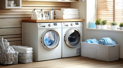 Modern Laundry Room with Clean Towels and Baskets