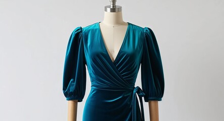 Teal velvet wrap dress with puffed sleeves and side tie display on plain white background
