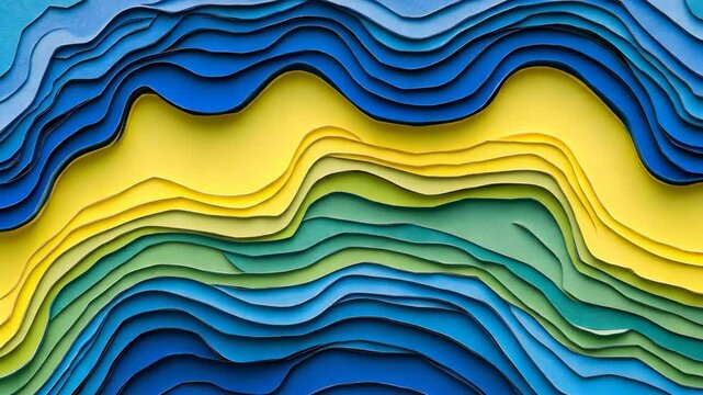 A close-up shot of paper layered to create a wavy blue, green, and yellow abstract pattern