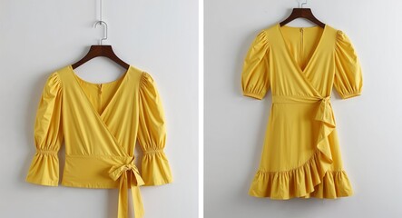 Yellow cotton wrap dress with puff sleeves and ruffle hem display on plain white background