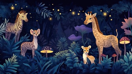 Fototapeta premium Baby animals exploring magical night forest with fireflies and mushrooms