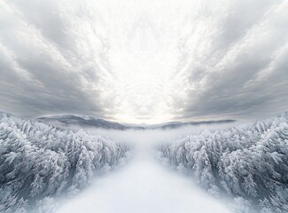 Obraz premium Snowy Forest Landscape with Misty Clouds