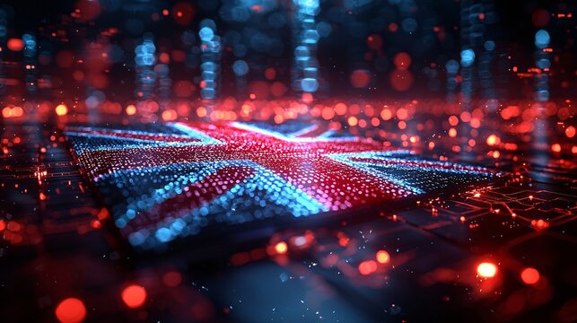 Digital United Kingdom Flag on Tech Background with Global Data Streams