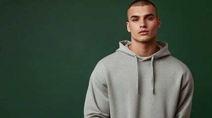 Fototapeta premium Portrait of a Young Man Wearing a Grey Hoodie