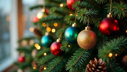 Fototapeta premium Christmas tree closeup background with fir branches, baubles and cones