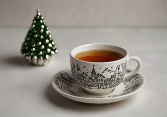 Fototapeta premium tea in a beautiful ceramic mug with a beautiful New Year's pattern on a white background