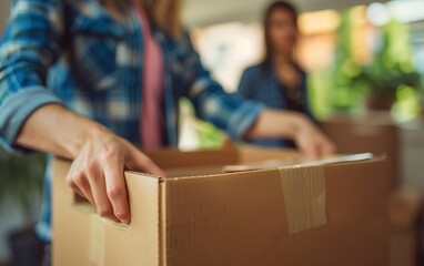 Married gay couple splitting up, close up of female hands in checkered shirt leaving carrying a box. Real estate, mortgage poster. Divorce, break up, moving out concept. Copy space, blurred background