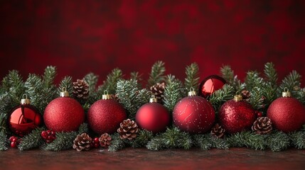 Christmas ornaments and pine cones creating a festive border on red background