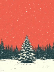 Naklejka premium Bright Christmas Tree in Snowy Forest with Red Sky
