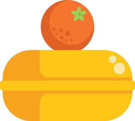 Orange fruit sitting on top of a closed lunch box, an illustration of a healthy school lunch break
