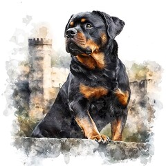 Fototapeta premium Rottweiler Dog in Watercolor Style with Blurry Background.