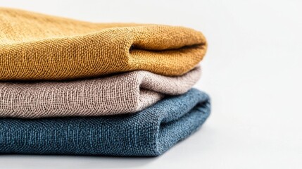 Stack of soft, folded cloths in various colors on a white background.