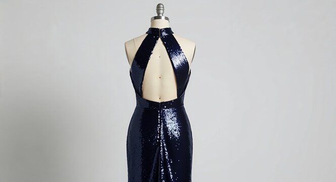 Navy sequin dress with high neck and open back display on plain white background - Powered by Adobe