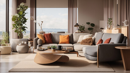 Fototapeta premium A modern living room with a sectional sofa, coffee table, and large windows overlooking a landscape. Plants and décor are visible.