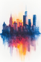 Obraz premium Colorful watercolor painting of city skyline with offices and skyscraper