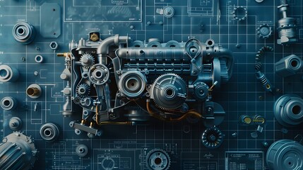 A small engine is shown on a blue background. The engine is made of metal and has a shiny appearance. The blue background suggests a futuristic or industrial setting