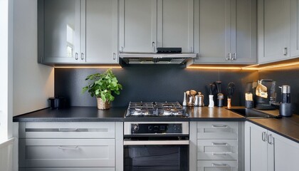 Fototapeta premium Modern home kitchen interior with dark counter and gas stove