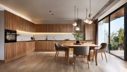 Modern kitchen interior with wooden cabinets and dining table. 3D Rendering