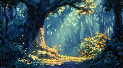A mystical forest backdrop with tall, ancient trees and a soft, ethereal light filtering through the leaves, perfect for a magical and enchanting scene. Enchanted. Illustration