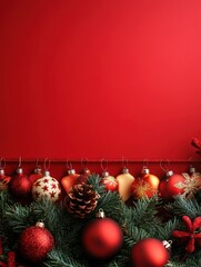 Festive Red Background with Ornaments and Pine Elements