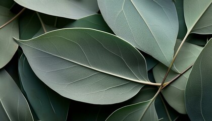 Obraz premium Close-up of overlapping eucalyptus leaves, matte finish with dusty green and grey tones wallpaper
