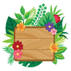 wooden board with green leaves and colorful flower