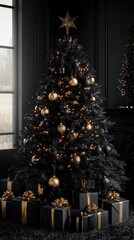 Black christmas tree with gold ornaments and gifts in a dark interior