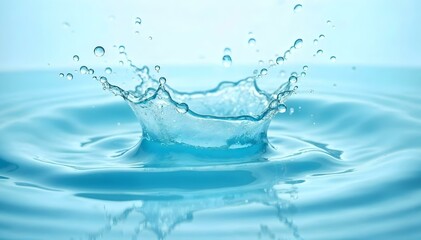 Ultra-close-up of water splashing with crystal-clear droplets frozen mid-air, illuminated by soft light. The water forms intricate curves and waves