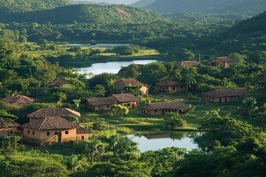 A tranquil landscape showcasing a quilombo community nestled in vibrant greenery, representing the legacy and resilience of Afro-Brazilian history and culture, emphasizing harmony with nature.

