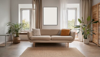 Stylish home living room interior with sofa and window. Mockup frame