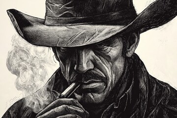 Portrait of a rugged man in a cowboy hat with a cigarette, dramatic atmosphere.