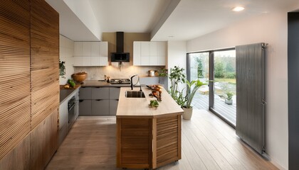 Top view of kitchen interior with bar counter and cooking corner with window