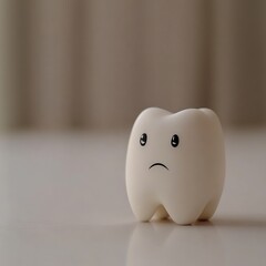 Sad tooth character on a table, symbolizing dental care and hygiene.