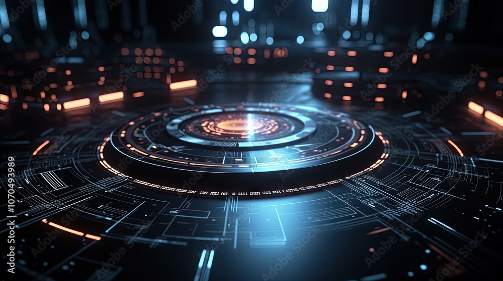 Poster Technology abstract background with hud styled round interface elements in neon tech light.